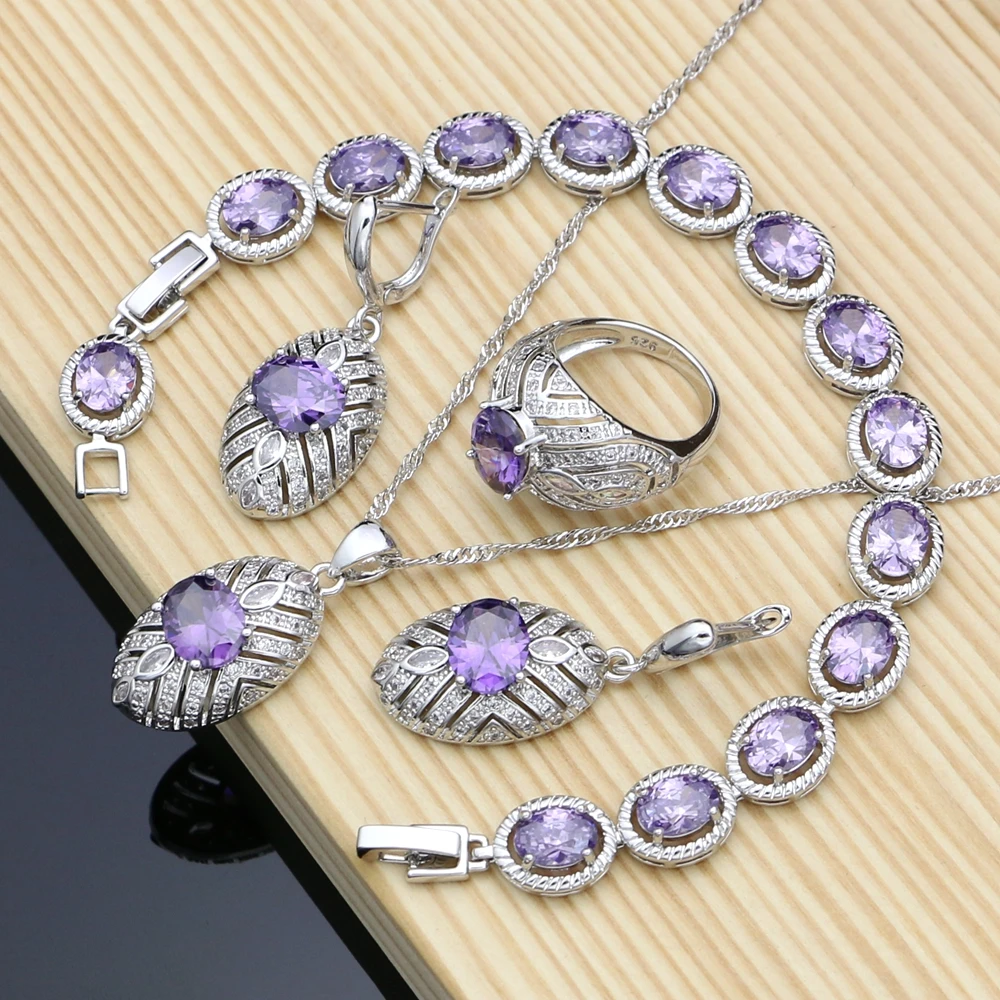 

Silver Bridal Jewelry Sets Purple CZ Costume Jewelry Kits For Women Earrings/Rings/Necklace Set Dubai Jewelry Dropshipping