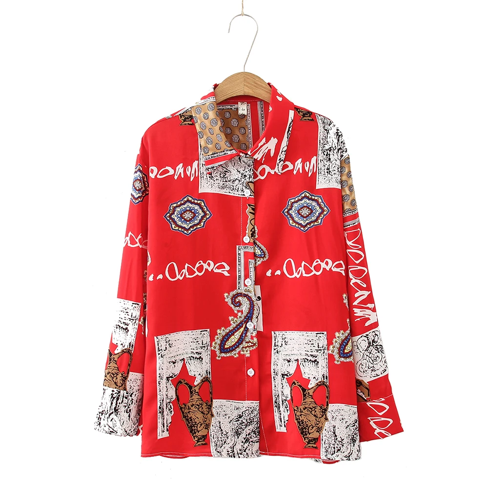 2021 Summer Woman Loose Retro Print Red Long Sleeved Chiffon Blouse