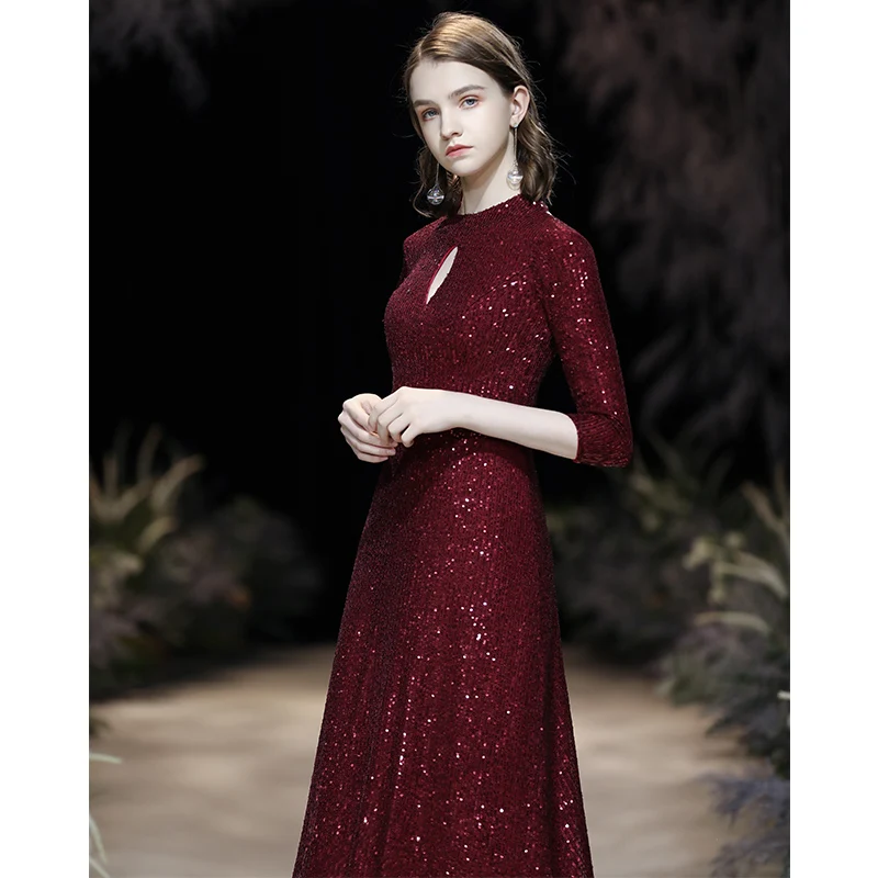 wei yin AE0362 2023 O Neck 3/4 Sleeves Sequin Mermaid Evening Dresses Long Formal Dress Wine Red Evening Party Dresses