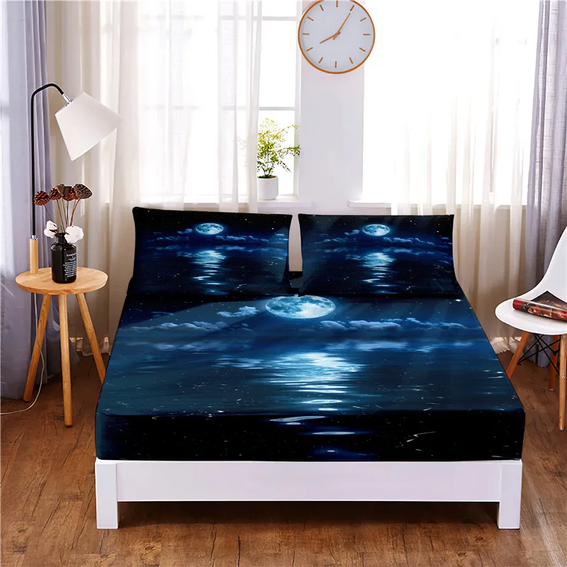 Moon Sky-sábana ajustable de poliéster con estampado Digital, cubierta de colchón de cuatro esquinas con banda elástica, fundas de almohada, 3 uds.