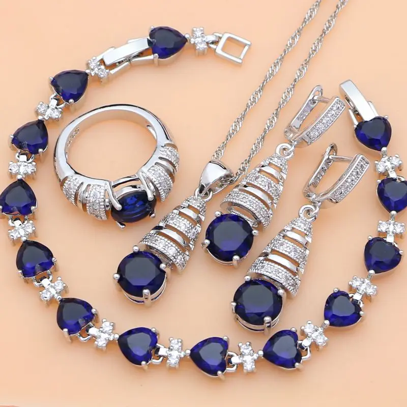 

Silver 925 Jewelry Sets Blue Natural Sapphire White Topaz Costume Jewelry Kits Indian Jewelry for Women Necklace Set