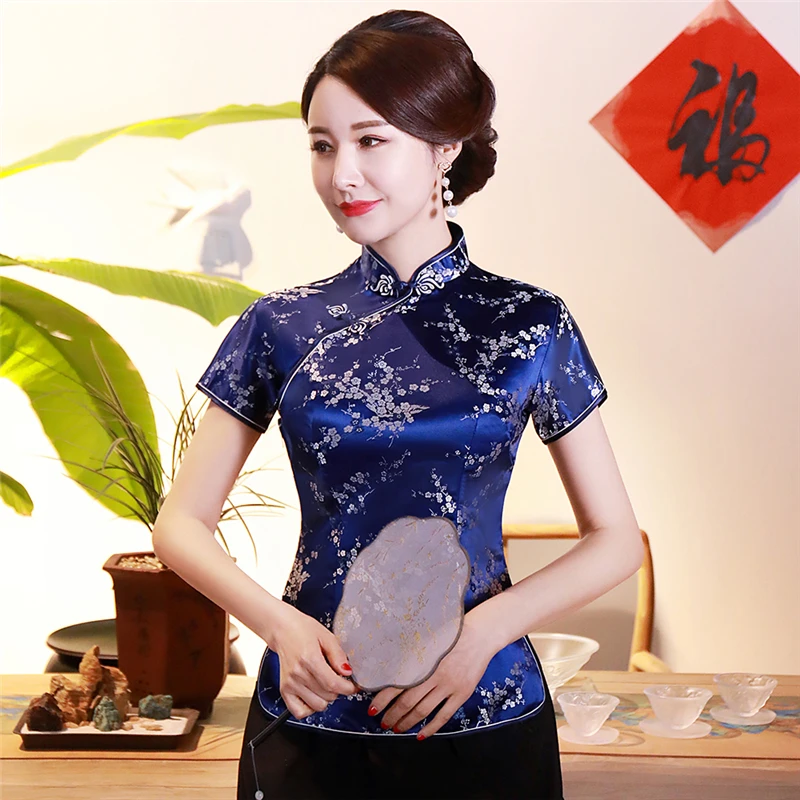 Blusa de satén tradicional china para mujer, camisa Sexy de dragón, azul marino, Vintage, flor, 4XL