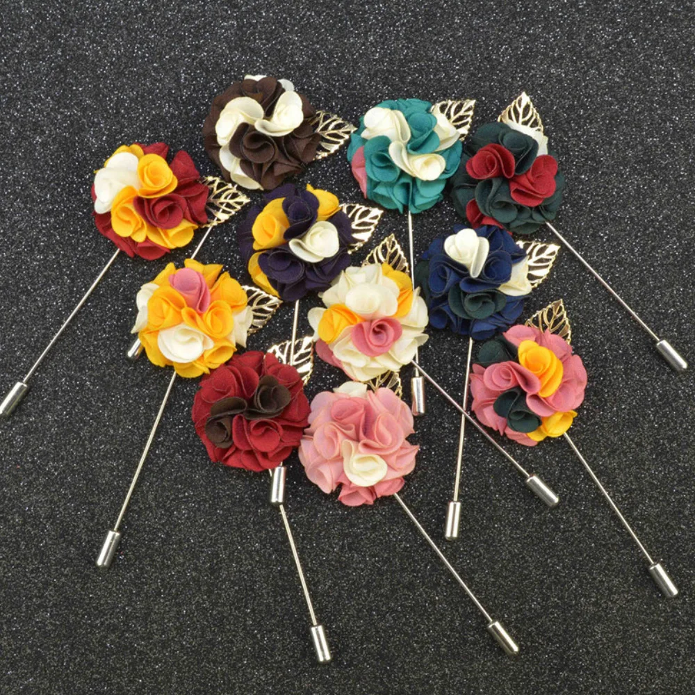 1 Pcs High-grade Ribbon Men Rose Flower Golden Leaf Fashion Brooch Pin Suit Lapel New Men Wedding Boutonniere Brooch Jewelry