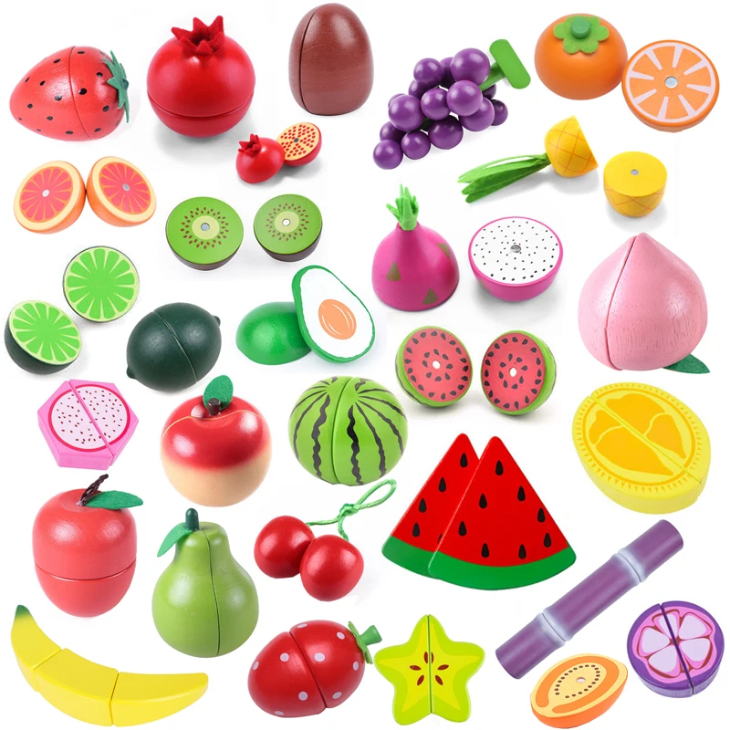 Simulation Magnetic Montessori Fruit Play House Strawberry Watermelon Banana Durian Seasoning Baking Toy Wooden Educational Toys