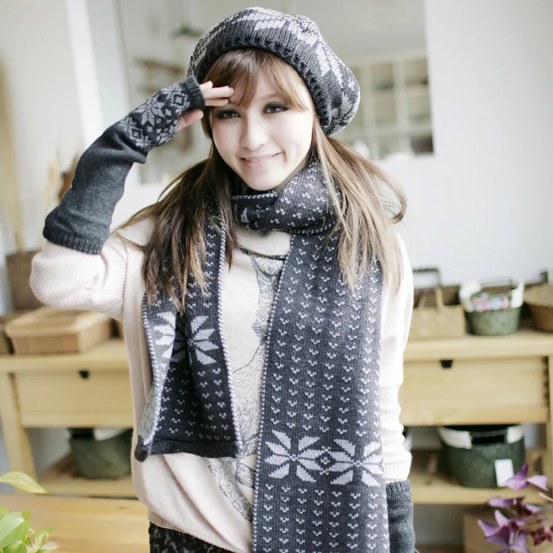 Warm Beanies Hat For Girl Ring Scarf Pompoms Winter Hats Knitted Caps Scarf Gloves 3PCS Fashion Winter Hat Scarf Set For Women