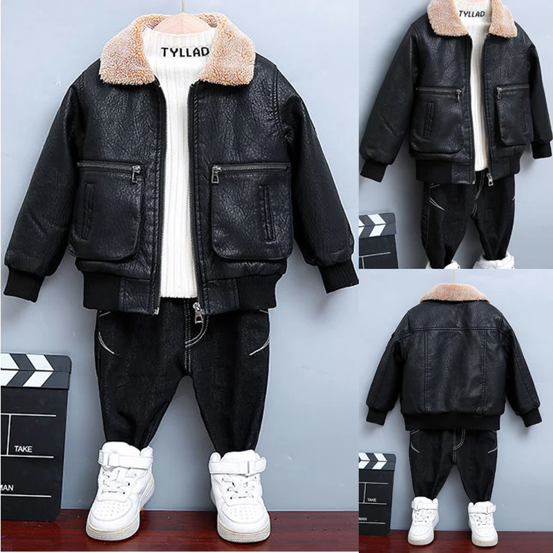 Fashion Baby boys jacket 0-12 Yrs children's thick pu jacket Plush Velvet Thick leather pilot Coat kids winter Warm Boys outwear