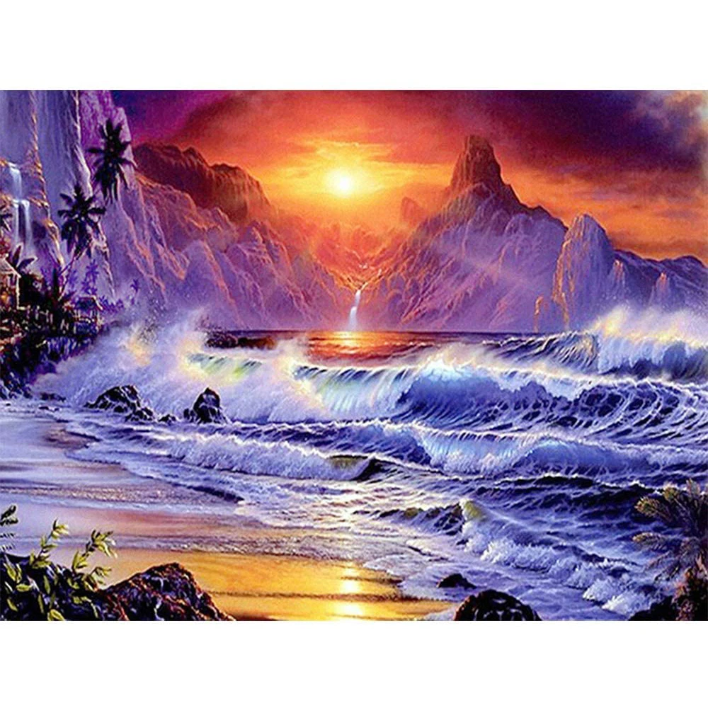 

Landscape Sea Mountain Sunset Cross Stitch Full Kit Embroidery Sewing Handmade Needlework Handicraft Room Decor Counted Gift