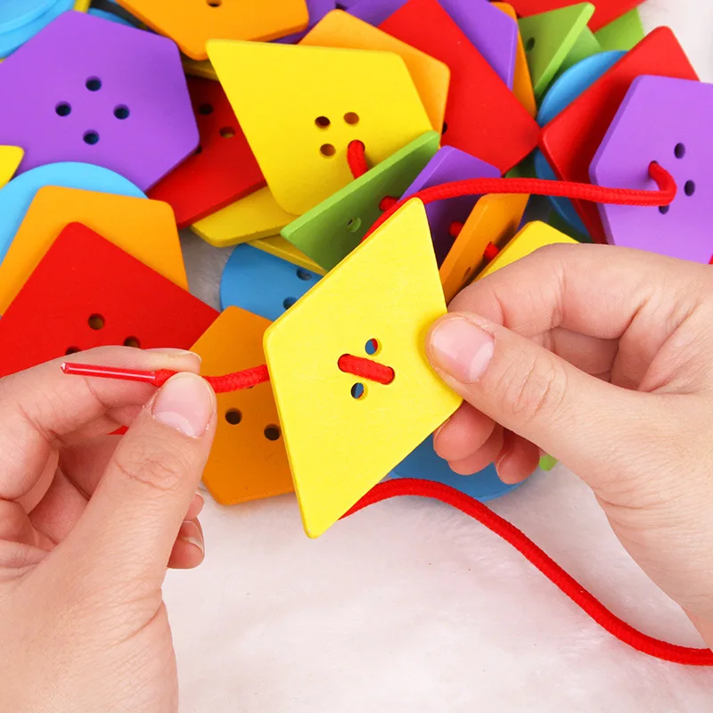 Geometric Shapes Button Thread String Sewing Buttons Toy Toddler Enlightenment Intelligence Puzzle Kids Baby Learning Toys