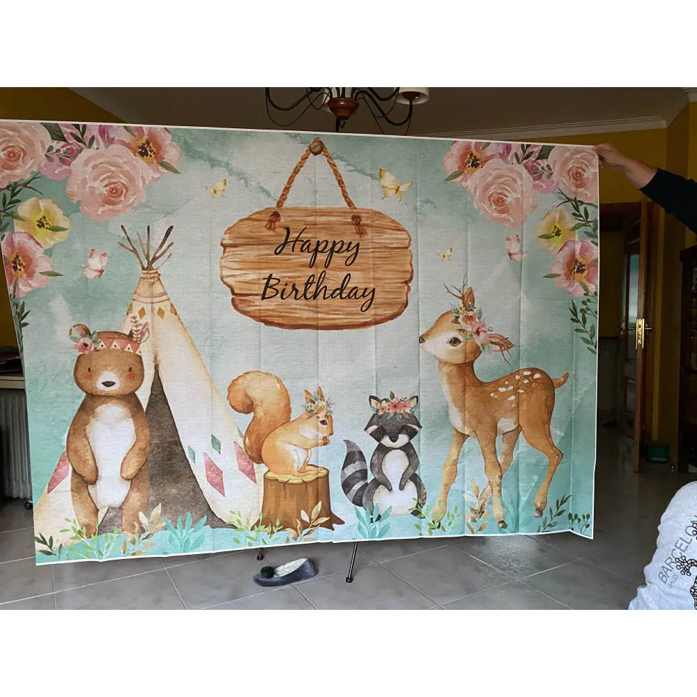 Rừng Gỗ Chúc Mừng Sinh Nhật Lưng Động Vật Dễ Thương Cáo Gấu Safari Nền Chụp Ảnh Hồng Tráng Miệng Trang Trí Bàn Đạo Cụ