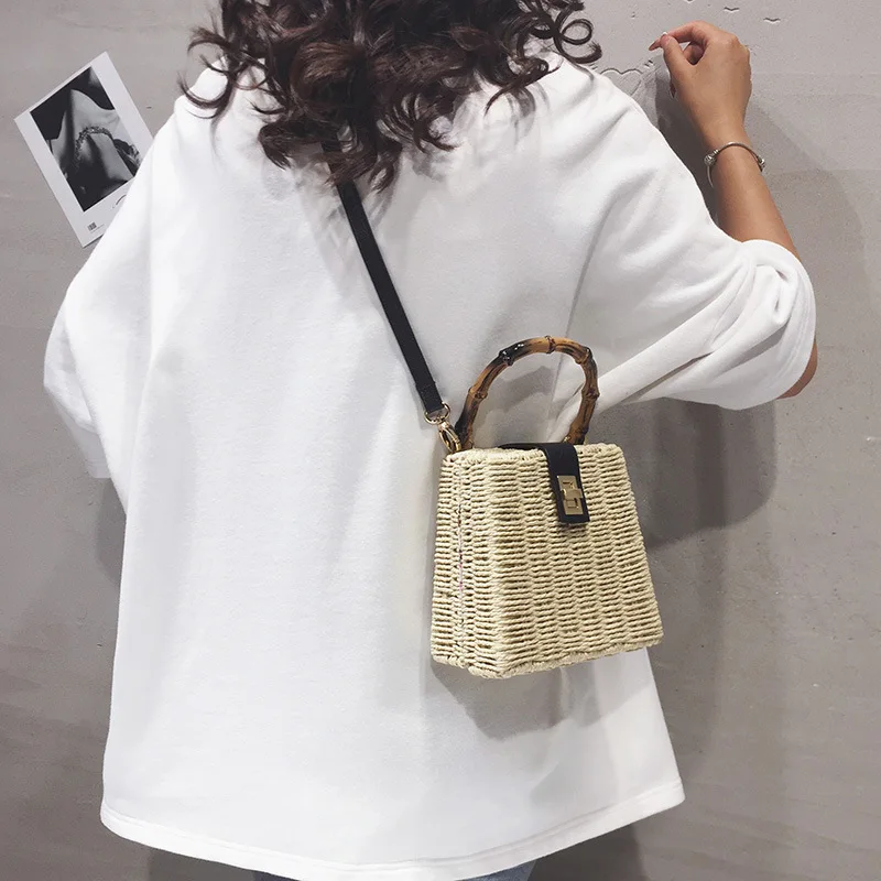 Square Rattan Bag Women\'s Handbag Handmade Beach Straw Bag Female Shoulder Messenger Bags Weaving Wood Tote Crossbody Bag 2020