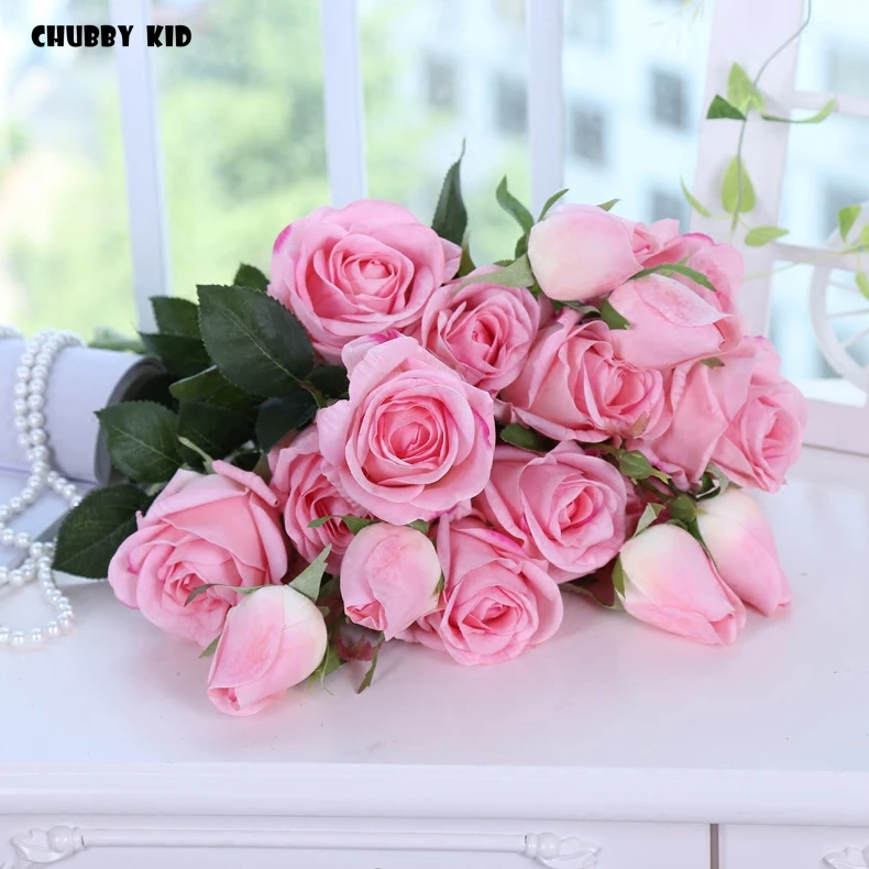 wholesale High simulation real touch 3 head artificial latex rose flowers wedding decorative Moisturizing feel Roses bunch 10pcs