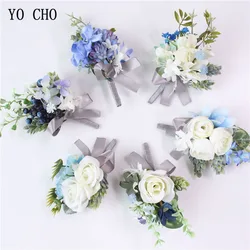 YO CHO Boutonniere Artificial Flower Wedding Bride Wrist Corsage Men Brooch Pins Girl Bracelet White Blue Boutonniere Buttonhole