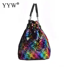 Polyester Colorful Sequin Bucket Bag Shopping Shoulder Bags Pu Leather Crossbody Bags For Women Mix Color Fashion Top Handle Bag