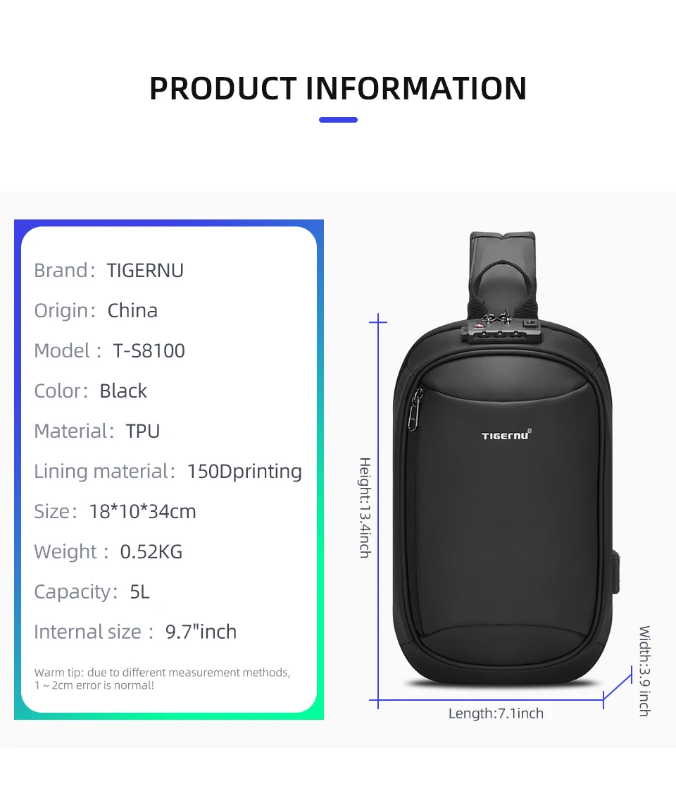 Tigernu Mode Männer Hohe Qualität Umhängetasche Spritzwassergeschützte Brust Tasche Anti-diebstahl USB Lade Casual Brust Tasche Männlichen Tasche – Detail 3