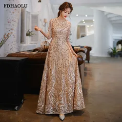 Customized FDHAOLU FU107 New Luxury Sequins Evening Dress Banquet Elegant Gold Half Sleeved Party Prom Gown Robe De Soiree