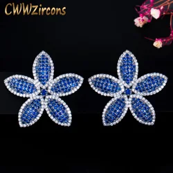 CWWZircons New Fashion Flower Design Bold Dark Blue Cubic Zircon Big Stud Earrings for Women Luxury Summer Party Jewelry CZ689