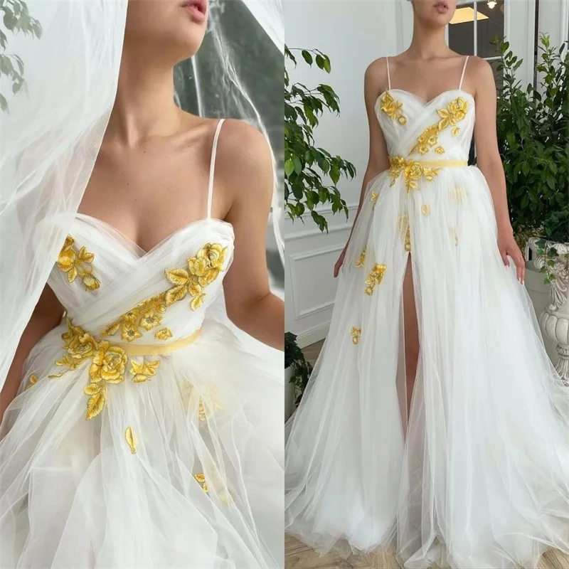 Boho EINE Linie Brautkleider Brautkleid Sexy High Split Nach Maß Stickerei Appliqued Spaghetti-trägern Sweep Zug Vestidos