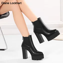 Women Elastic Band Autumn Ankle Chelsea Boots Square Heel Platform Female Shoes Super High Heels Winter Short Plush Boot Ladies