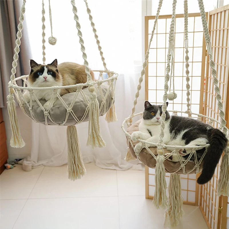 

Macrame Cat Hammock Hand-woven Nest Cotton Rope Swing Cat Dog Pet Bed Hanging Basket Tapestry Bohe Decor