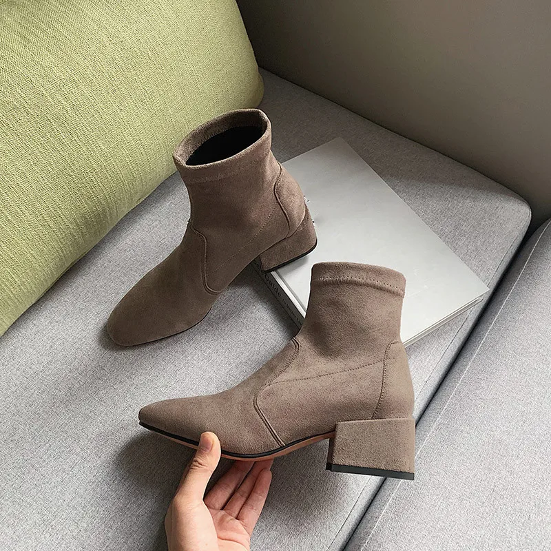 YMECHIC Blocco di Modo Tacchi Donna Calzino Scarpe Grigio Nero di Stirata Delle Donne della Pelle Scamosciata Stivali Calzino Della Caviglia Bootie