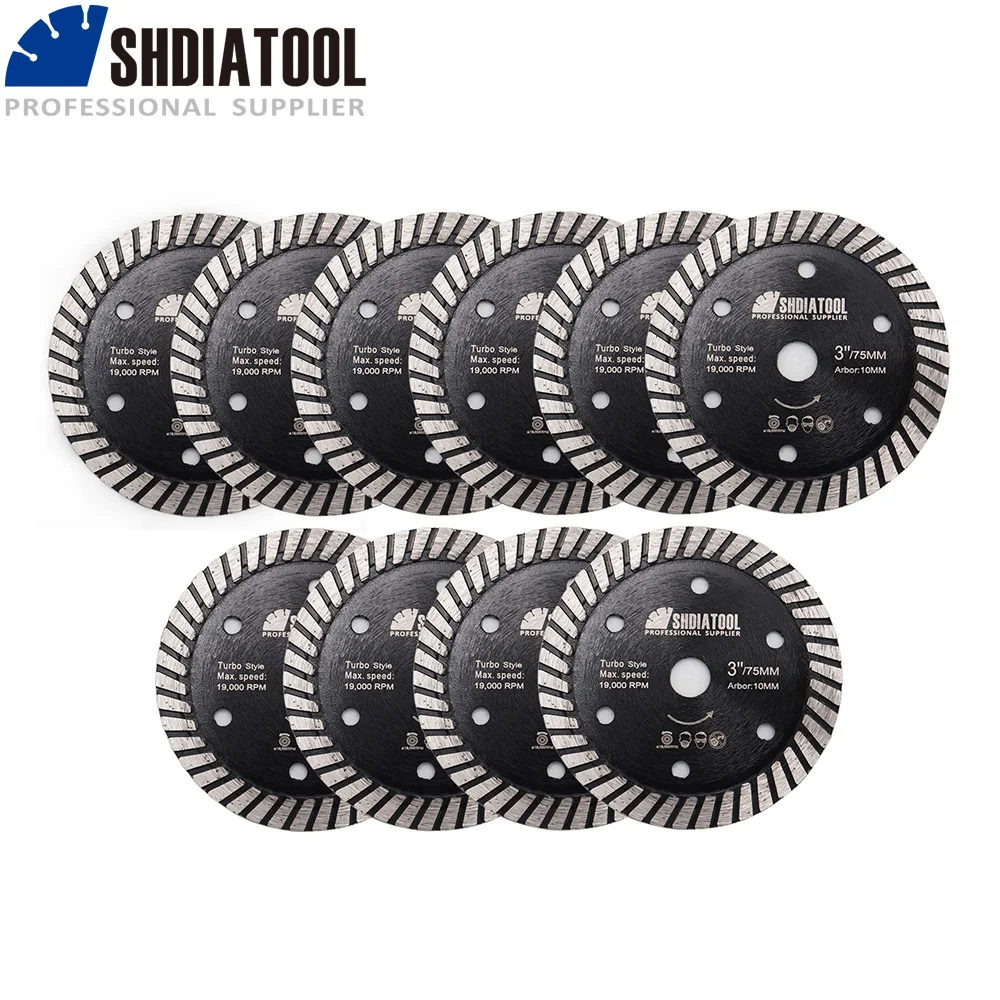 

SHDIATOOL 10pcs/set 75mm Hot Pressed Granite Concrete Turbo Blade 3 inch Tile Diamond Saw Blade for Granite Concrete