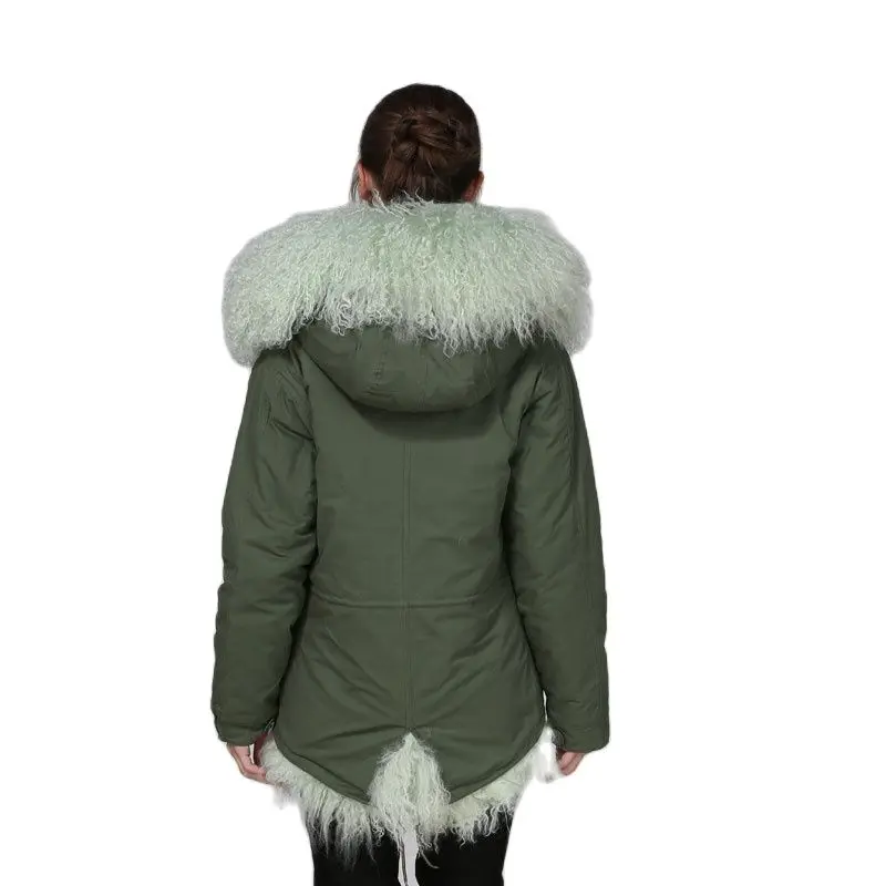 Piel de oveja de Mongolia verde para mujer, ropa corta de piel de cordero Real para mujer, Parka con capucha, totalmente de lujo