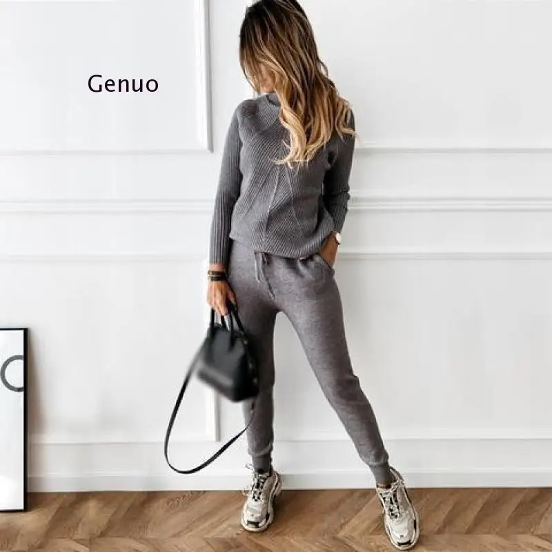 Women Sweaters Autumn Winter Knitted Tracksuit Female Turtleneck Pullover 2 Piece Jogging Set Cotton Pant Casual Suits