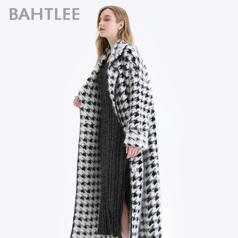 BAHTLEE-Women\'s Angora Long Coat, Houndstooth Pattern Sweater, Wool Knitted Cardigans, Turn Down Collar, Long Sleeves, Winter