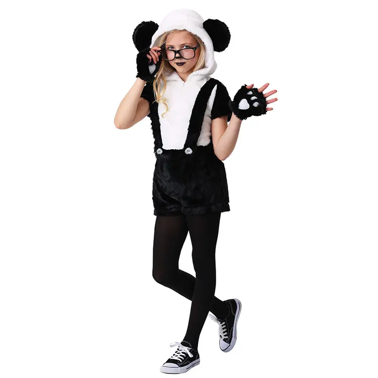 

Animal Kids Girls Panda Plush Clothing Halloween Party Cartoon Cute Panda Cosplay Costumes Strap Jumpsuits Hooded