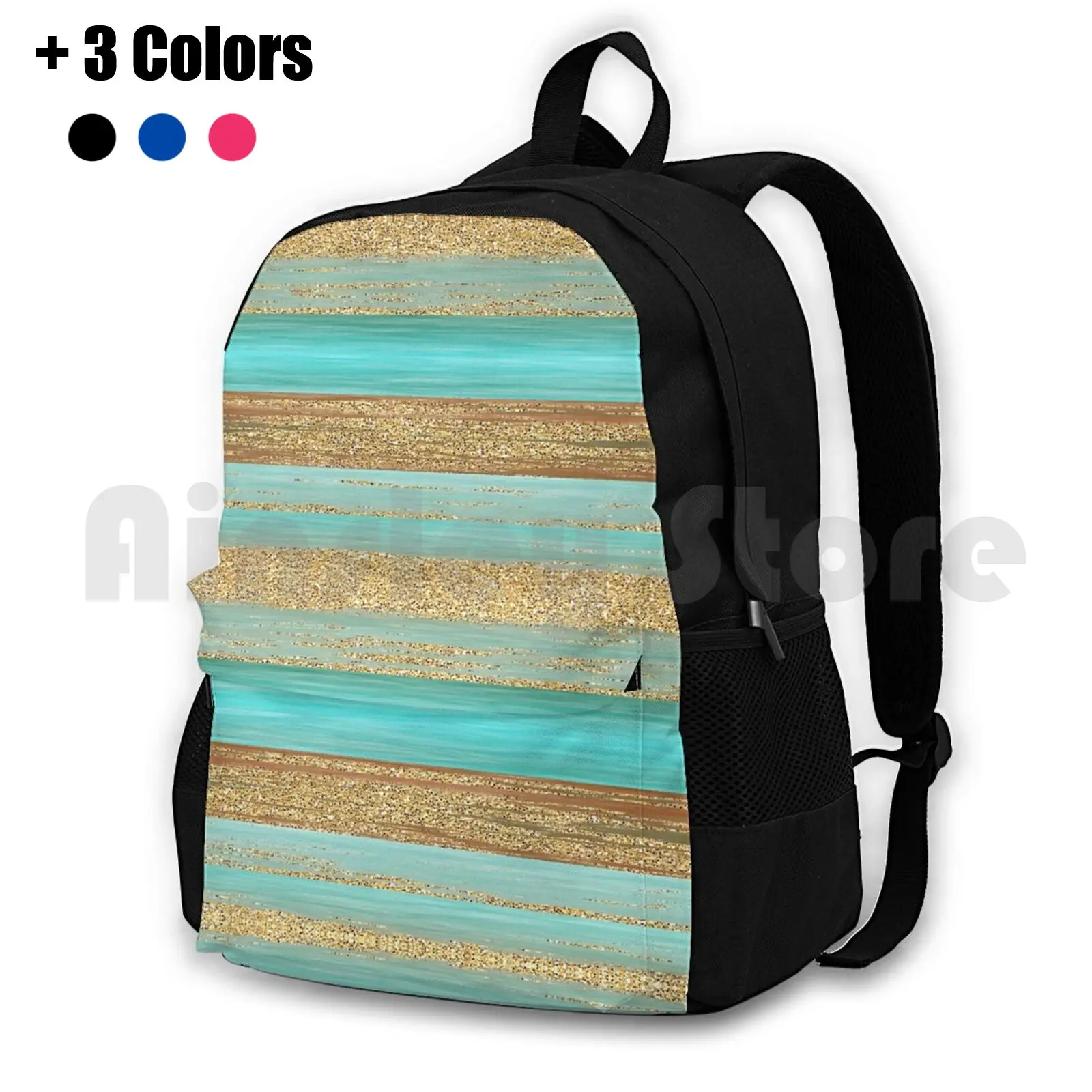 Turquoise Brown Faux Gold Glitter Stripes Art Pattern Outdoor Hiking Backpack Riding Climbing Sports Bag Trendy Modern Glitter