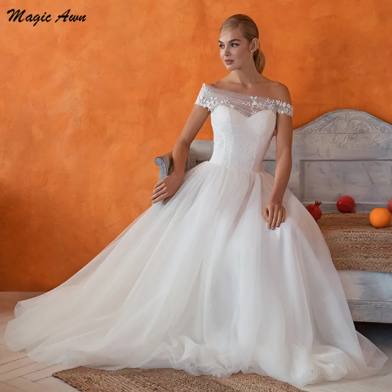 Magic Awn-Vestidos de novia con hombros descubiertos, apliques de encaje, princesa elegante, ilusión Bohemia, línea A, Branco