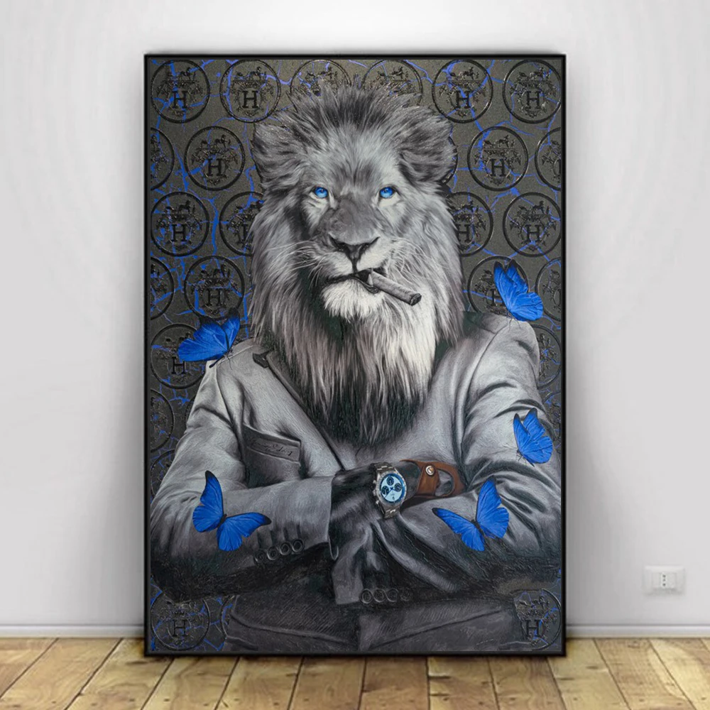 Lion Boss Butterfly Canvas Painting In Luxury Poster Prints Funny Millionaire Animal Pictures On The Wall Art Mural Home Decor