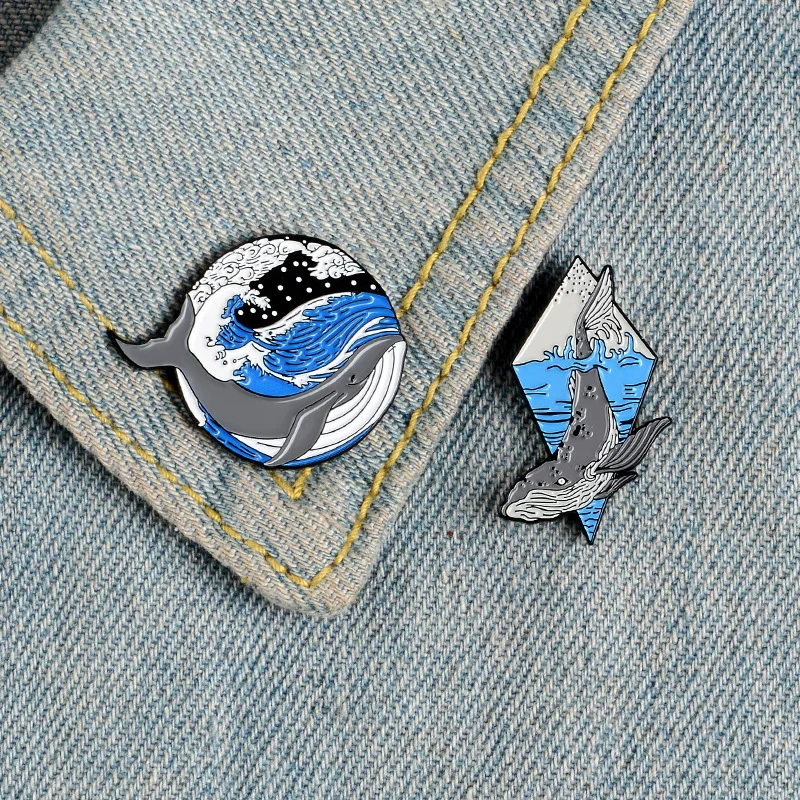 cartoon round sun sunrise mountain peak bird fire pin nature woods sea wave whale enamel brooch badge punk jewelry gift for kid