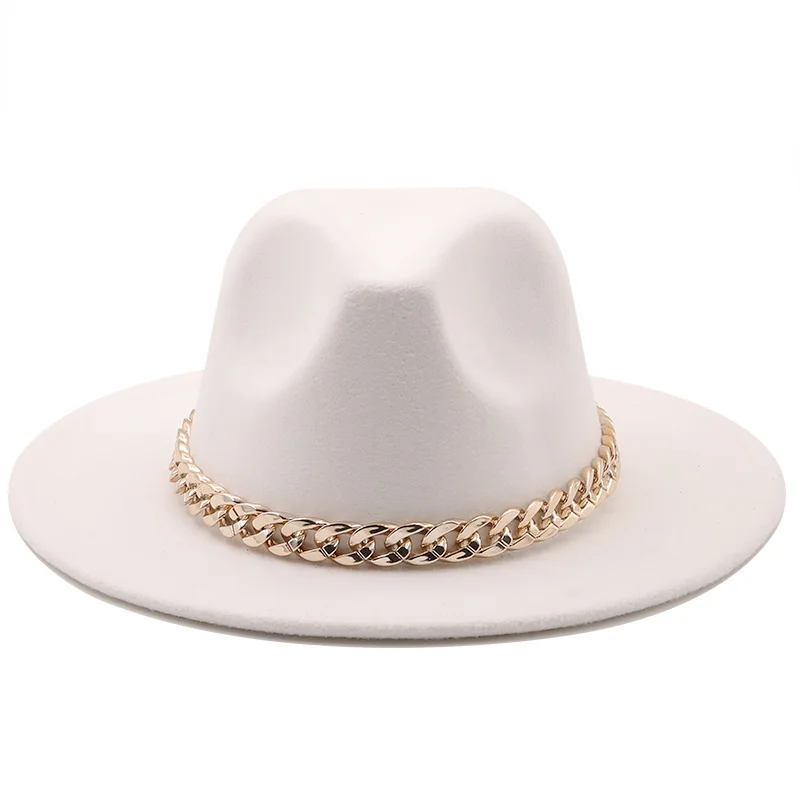 Simole fedora hats women men wide brim Thick gold chain band felted hats jazz cap winter autumn panama camel white women hats