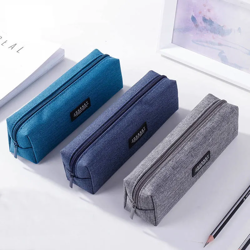 Canvas Blue Pencil Case Solid Color Stripes Simple Pencil Bags for Student New Stationery School Supplies Kids Gift