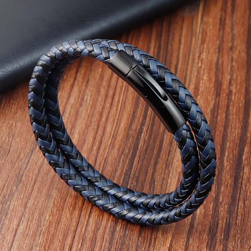 

Simple Style Custom Handmade Leather Buckle Stitching Combination Stainless Steel Men's Bracelet Magnet Big Promotion Gift