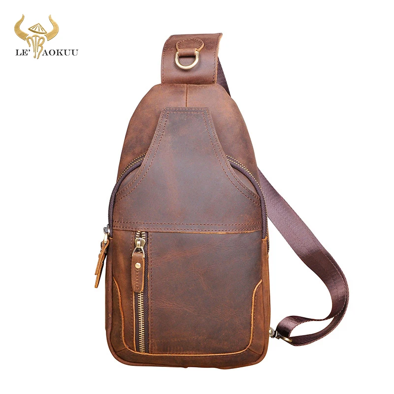 Men Crazy Horse Leather Casual Fashion Triangle Chest Sling Bag Design Daypack One Shoulder Crossbody Bag Male 6601-d