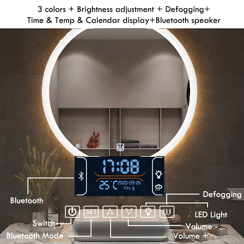 40/50/60CM Round Smart Makeup Bathroom Mirror Adjustable 3 Color Bright LED LIght MultiFunction With Defogging Bluetooth Speaker