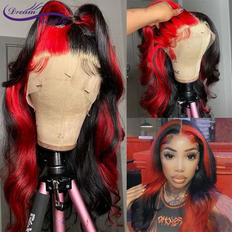 Perruque Lace Frontal wig naturelle brésilienne Remy, cheveux ondulés à reflets rouges, 4x4, 13x4, 180% de densité