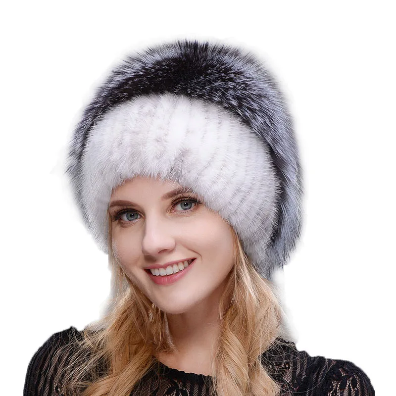 JINBAOSEN Fashion Mink Fur Fox Hat Woman Winter Warm Fox Knitted Hat Woman  New Natural Fur And Water drill Ski Hat