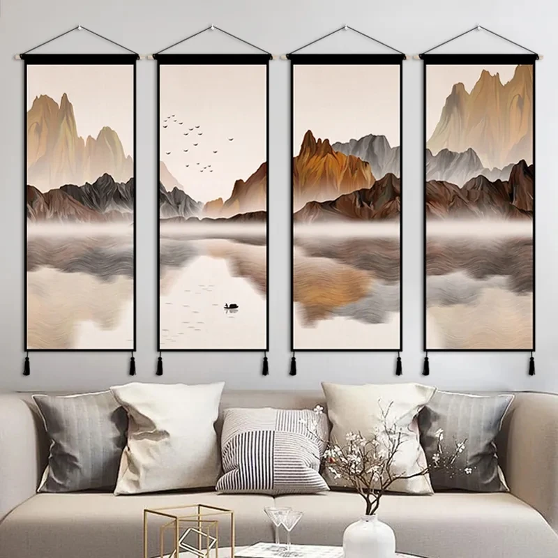 

4pcs Chinese Style Landscapes Scroll Painting Hanging Wall Art Canvas Painting Posters Home Decor Prints Pictures Scenery