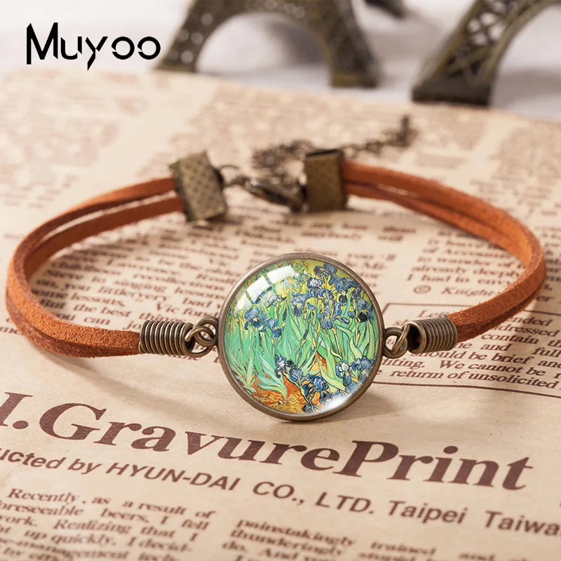 2021 New Van Gogh notte stellata pittura bracciale in pelle Art Glass Dome Photo bracciali gioielli fatti a mano per le donne