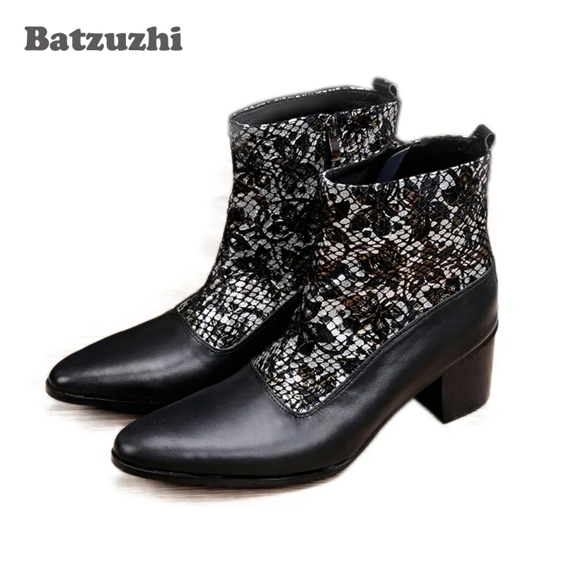 

Batzuzhi 6.8CM High Heels Men's Boots black boots Mid-calf cowboy boots mens motorcycle dress wedding shoes Men! US12