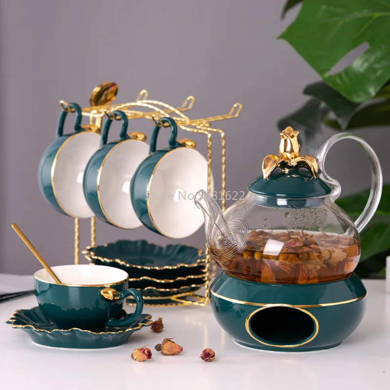 New Design Glass Teapot And Ceramic Green Lid Heat Preseveration Candle Holder Teapot Set Cup Saucer Juice Tea Water Kettle