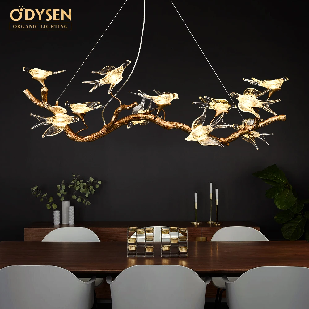 ODYSEN ART DECO Copper Chandelier Creative Handmade Glass Bird Living Room Decoration Lighting Fixture Tree Branches Island