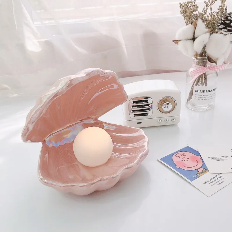 Ins Ceramic Shell with Pearl Night Light Streamer Mermaid Light Fairy Shell Night Lamp for Bedside Home Decor Xmas Gift