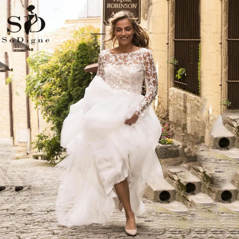 SoDigne-vestido de novia de manga larga, ropa de novia Sexy, sin espalda, con apliques de encaje, para playa, Dubái, talla grande