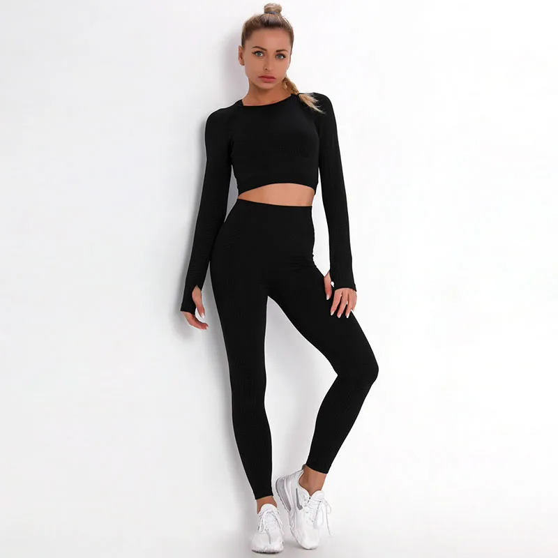 

Seamless Yoga Set Women Fitness 2pcs Sport Suit Workout Clothes Gym Long Sleeve Crop Top High Waist Running Leggings Sportswear