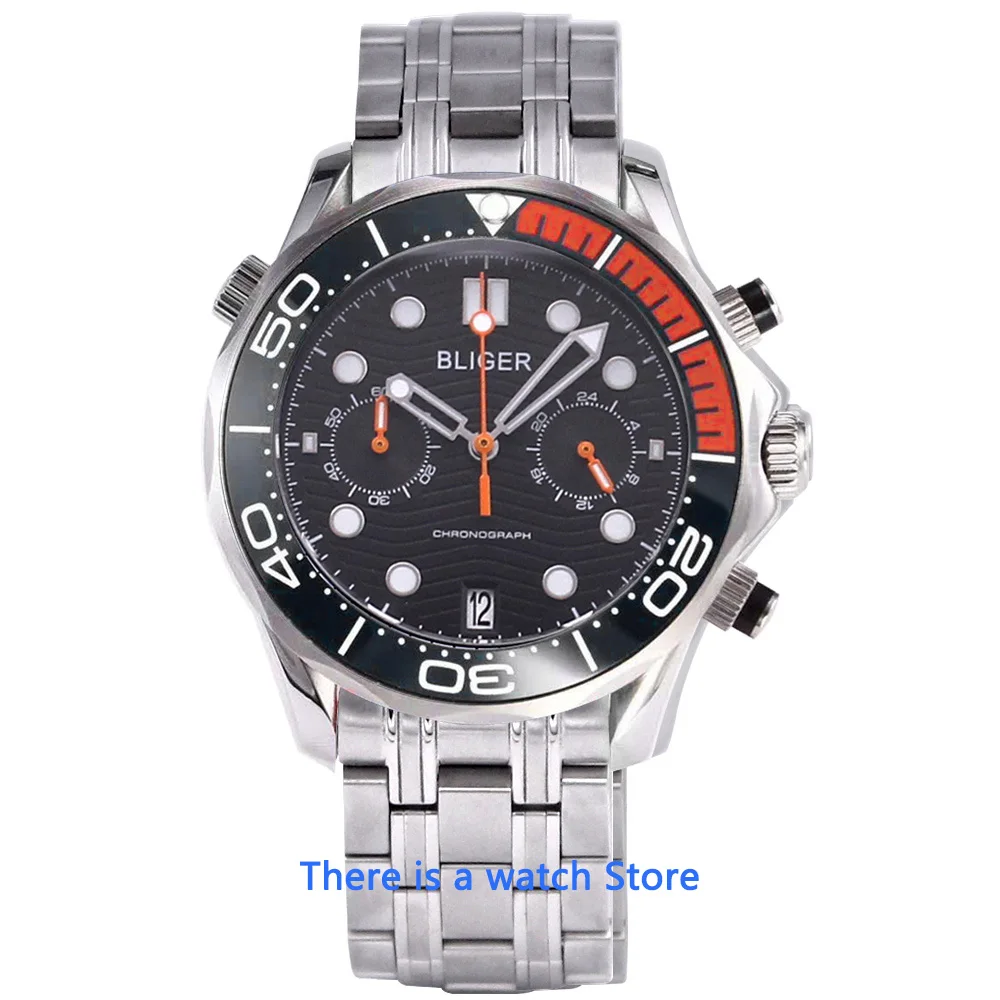 Bliger 41mm Watch Men VK Quartz Sapphire Glass Luminous Waterproof Date Sport Chronograph Function Wristwatch Men