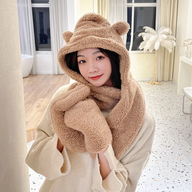 Winter Hats For Women Thicken Warm Fluffy Bear Ear Hat Gloves Scarf One Three-piece Double Layer Plush Beanie Caps Scarves Gorra